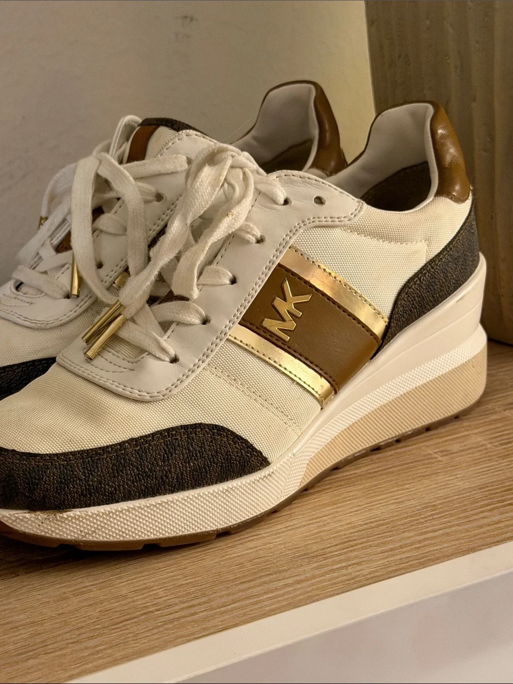 Michael kors Wedge Trainer Sneakers in White, Brown & Gold - Picture 7 of 7